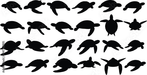 Sea turtle silhouette illustration set, marine wildlife artwork, swimming animal vector drawing, ocean nature design concept