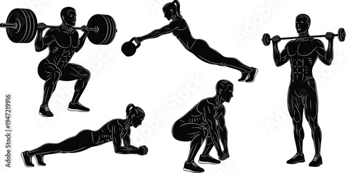 Strength training silhouette illustration set, barbell kettlebell plank deadlift shoulder press artwork, fitness exercise vector drawing concept