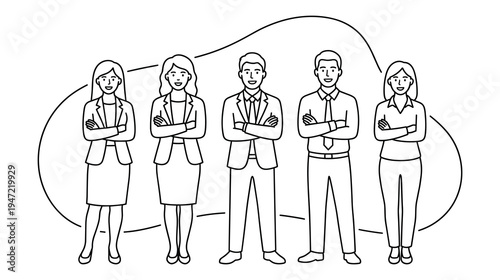 Team of professionals men and women in business suits line art