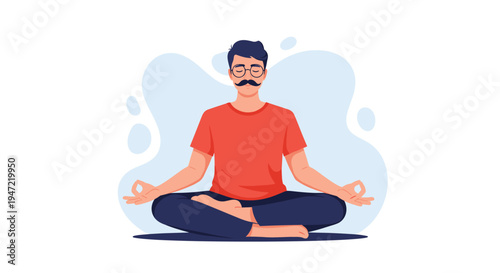 Man with a mustache and glasses sitting in a meditative lotus position for mental wellness and relaxation exercises.