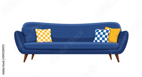 Long navy blue mid-century modern sofa decorated with yellow and blue checkered throw pillows for a living room setup.