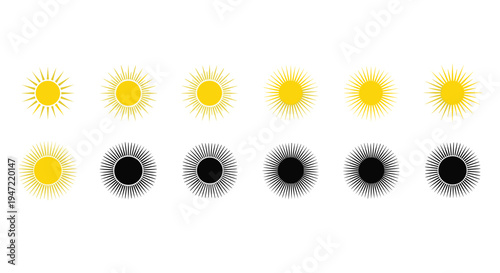 Extensive collection of twelve sun icons with different ray designs in bright yellow and solid black for weather apps.