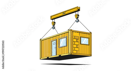 Sturdy yellow shipping container with windows and a door being lifted by a heavy crane hook against a white background.