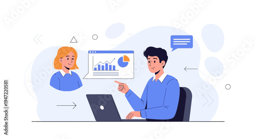 Business meeting with charts and graphs on screen, remote collaboration concept