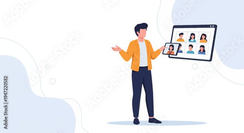 Man presenting online meeting on tablet and computer screen, remote work concept