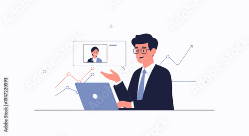 Businessman in video conference with charts and graphs on laptop screen