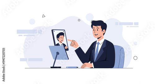 Businessman video conferencing on tablet, pointing at screen, modern office, online meeting concept