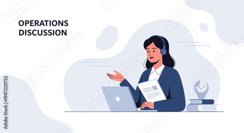 Businesswoman in headset discussing operations on laptop, online meeting, remote work