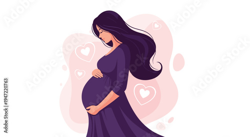 Pregnant woman in a long purple dress shown in profile with floating white hearts representing the beauty of motherhood.