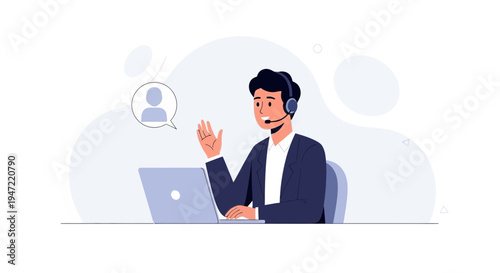 Customer service representative with headset and laptop, communication icon