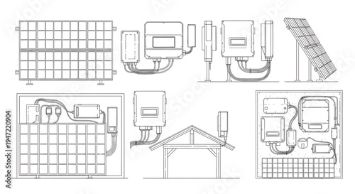 Solar Power System Blueprint Vector – Photovoltaic Panel Installation Multi View Technical Line Drawing Isolated on White