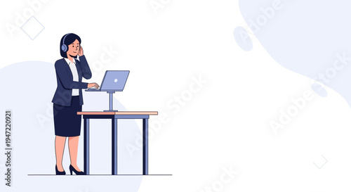 Businesswoman with headphones using laptop at standing desk, remote work, modern office