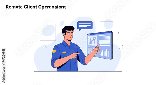 Remote Client Operations: Man in Blue Shirt Interacting with Digital Dashboard