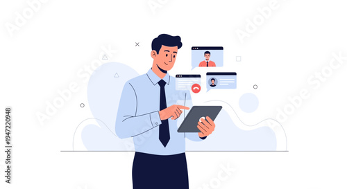 Man using tablet for video conference with colleagues, online meeting concept