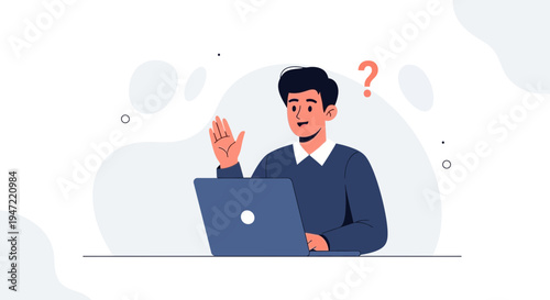 Man with Laptop Asking Question, Thinking, Confusion, Problem Solving, Online Learning