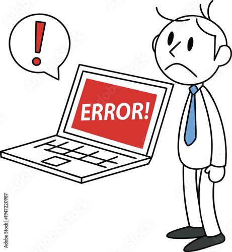 Confused stick figure businessman looking at laptop showing error message screen, frustrated office worker facing computer problem, technology failure, software crash, digital workplace issue, IT trou