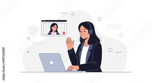 Woman in video call, waving hello, working on laptop with headphones