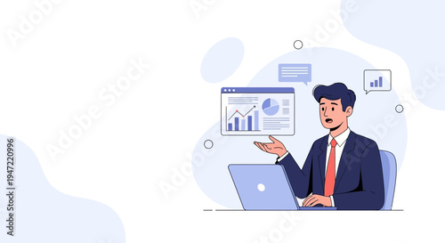 Businessman presenting financial data on laptop with charts and graphs