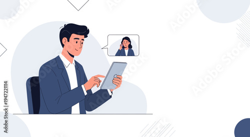 Man in suit video calling on tablet, business communication concept