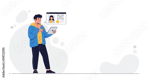 Man holding tablet, thinking about online meeting with colleagues, remote work concept
