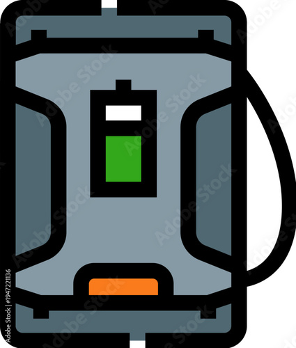 Portable power bank device icon with a battery charging symbol and connected cable, illustrating mobile energy supply and electronic gadget recharging capabilities