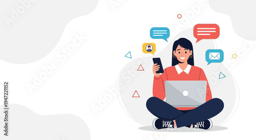 Young Woman Using Laptop and Smartphone with Chat Bubbles, Remote Work Concept