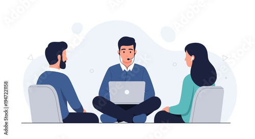 Teamwork meeting: people collaborating with laptop and headset for online communication