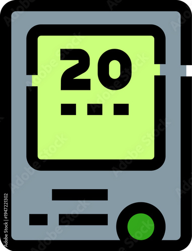 Geiger counter displaying a numerical value and having a green button, representing nuclear measurement, environmental safety, and scientific technology