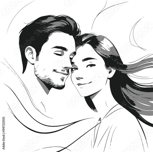  young couple leaning forehead to forehead, minimalist vector illustration, elegant line style, white background 2