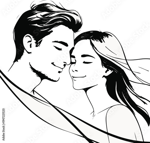  young couple leaning forehead to forehead, minimalist vector illustration, elegant line style, white background 1