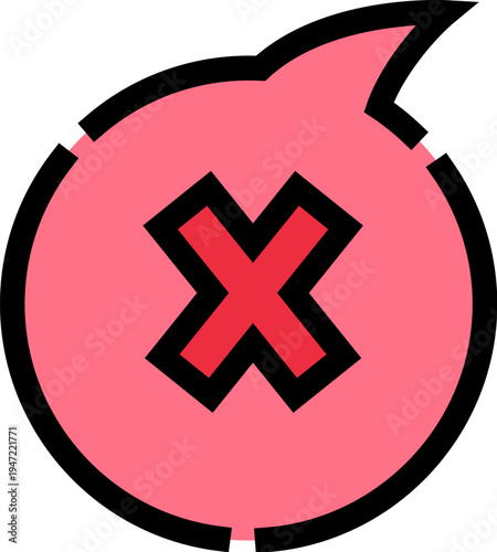 Speech bubble icon featuring a bold red cross, symbolizing concepts of error, rejection, deletion, and stopping, ideal for user interface elements or digital communication designs