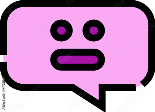 Chatbot or support bot illustration communicating a digital message, providing information, assistance, or customer service through a conversational text bubble interface with a simple expression