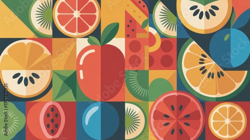 Vibrant abstract mosaic of colorful fresh fruits and geometric shapes