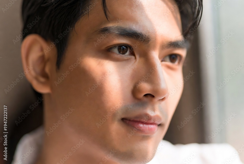 Obraz premium A man with Asian features is gazing thoughtfully out a window.