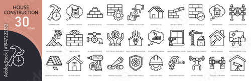 House construction related icon collections. Containing hammer, brick, blueprint, tools, site, contractor, frame, roof, wall, and cement icons. Outline icons.