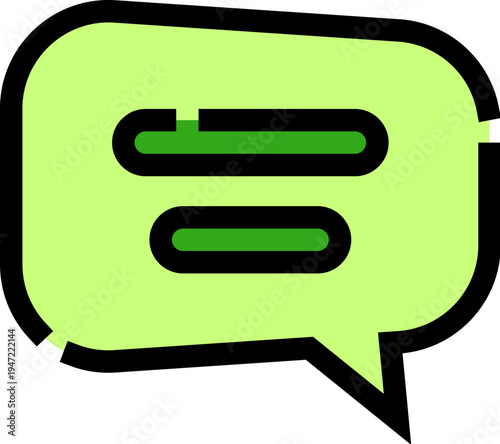 Green speech bubble icon with black outline and two horizontal lines, symbolizing chat, dialogue, or notification in digital communication and social media