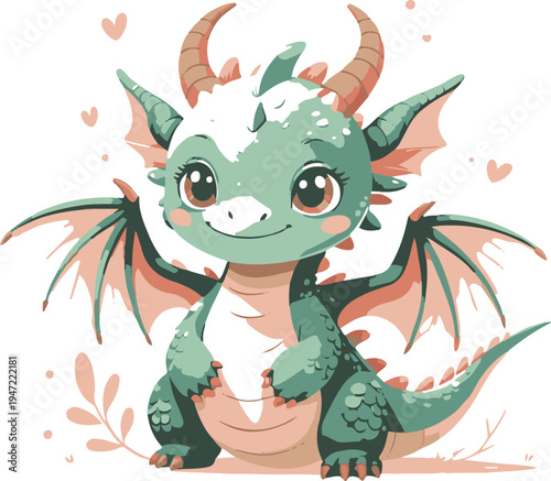  round baby dragon with tiny horns and wings, adorable fantasy creature, minimal vector illustration, smooth shapes, white background 1