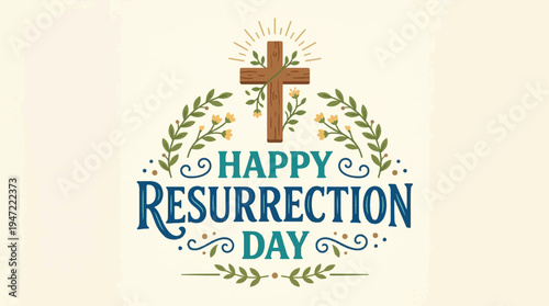 Happy Resurrection Day vector illustration with wooden cross, floral wreath, and celebratory text, perfect for religious greeting cards, social media posts, and Easter celebrations.