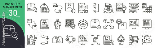 Inventory management related icon collections. Containing stock, warehouse, order, shipment, tracking, supply, storage, barcode, logistics, and delivery icons. Outline icons.