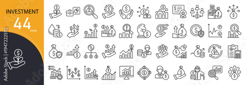 Investment related icon collections. Containing finance, profit, portfolio, stocks, money, growth, risk, funding, capital, savings icons. Outline icons.