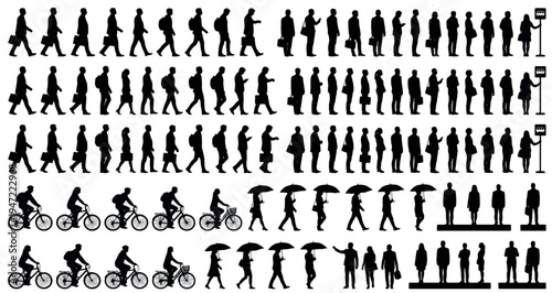 Commuter Transportation Silhouette Set Pack. Editable Vector Illustration. featuring people, human, silhouette, vector, illustration, graphic, design, person, man, woman, crowd, urban, city more.