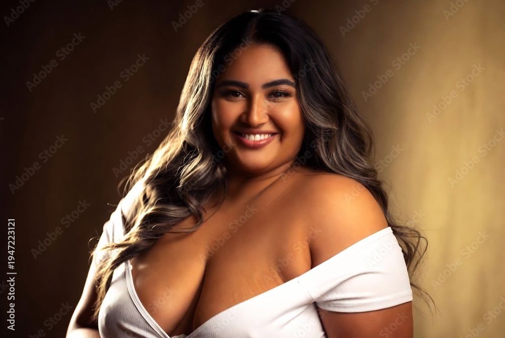 Fototapeta premium A woman with long, wavy hair is smiling warmly in a studio portrait.
