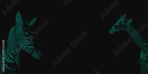 Bitmap halftone Zebra and Giraffe pixel art banner. Retro 8-bit dither wildlife background with copy space. Teal bitmap savanna animal Illustration. Vector 