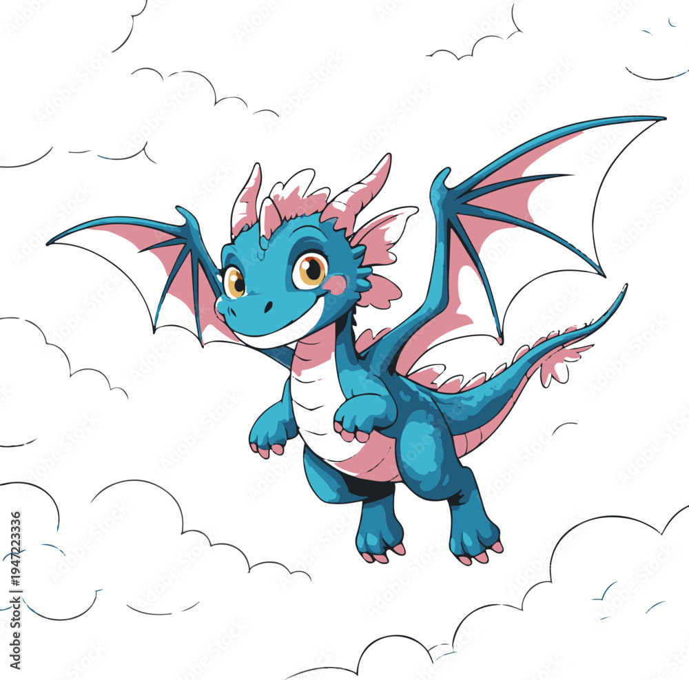 Fototapeta premium small sky dragon flying with tiny clouds, playful cartoon dragon character, minimal vector illustration, bold contour lines, white background 2