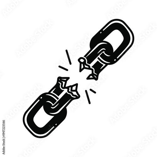 Broken chain link snapping apart symbolizing freedom and liberation black and white vector illustration