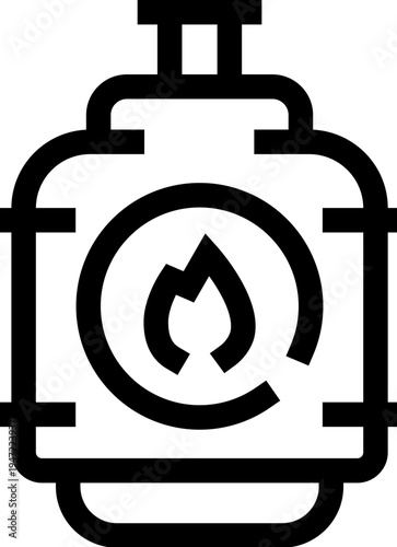 Gas cylinder silhouette with flame icon representing propanebutane fuel for cooking, heating, camping or industrial use, flammable gas supply, safety and energy concept