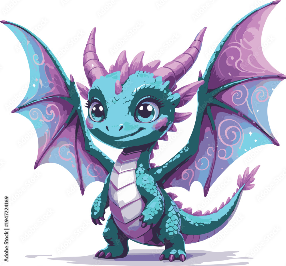 Fototapeta premium tiny magical dragon standing with wings open, friendly cartoon creature mascot, clean adobe illustrator vector illustration, white background 3