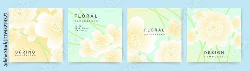 Spring card set with floral designs. Pastel backgrounds with abstract flowers. Vector design for social media, banner, postcard, advertising