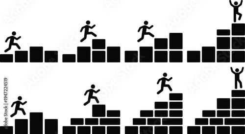 Stick figures illustrating stages of progress, growth, and achievement, with the final figure reaching the top and celebrating success.