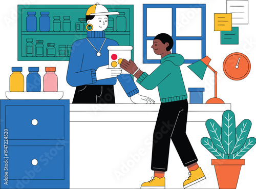 Flat Vector Illustration of Pharmacist Handing Medicine Jar to Customer in Modern Pharmacy for Health Support Services